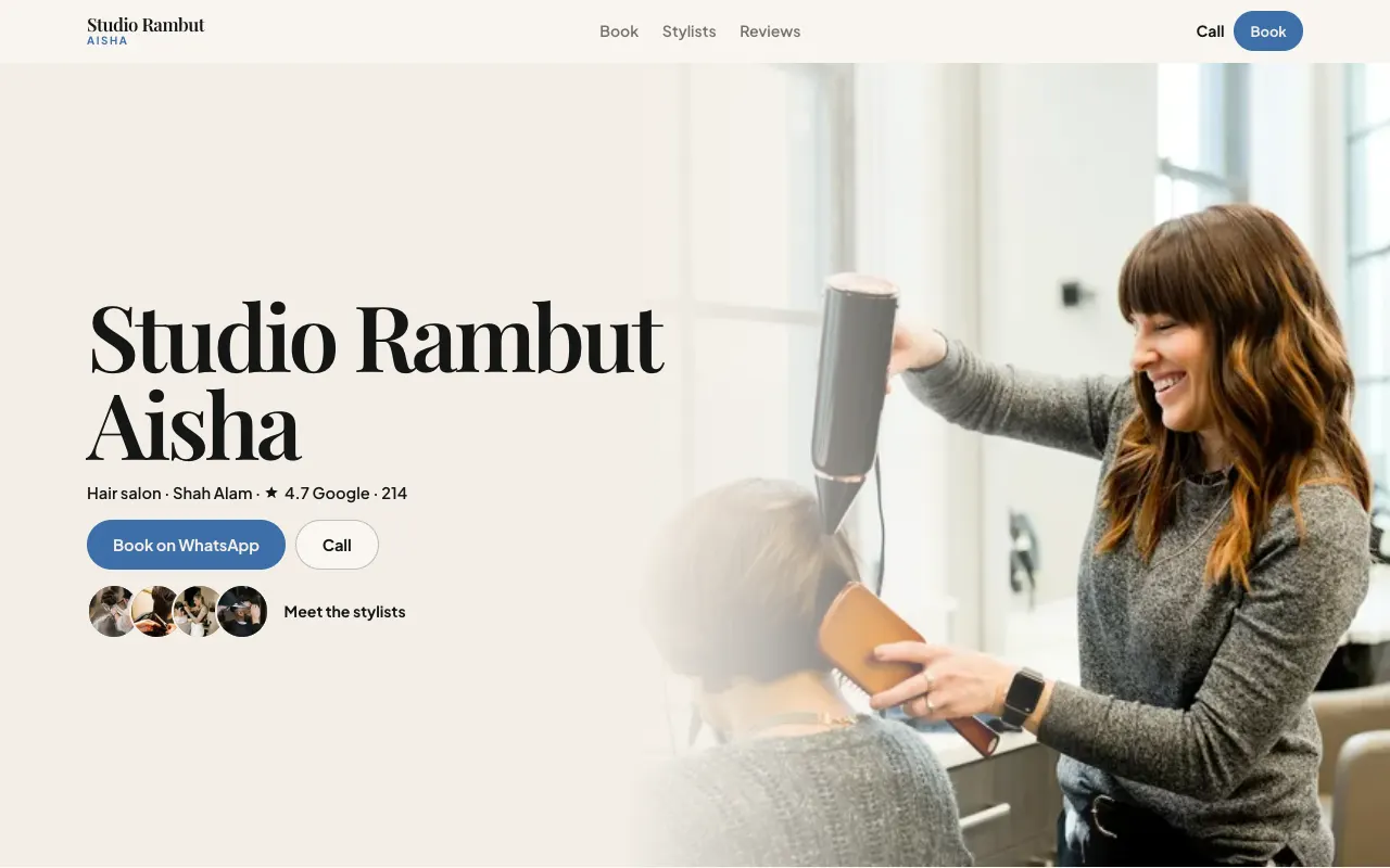 Studio Rambut Aisha website, desktop